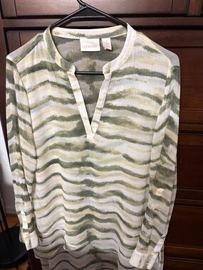 Chico's Olive & Cream Watercolor Stripe Tunic